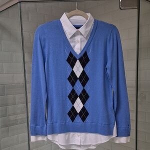 NWT Tommy Hilfiger Bright Blue/Blk Argyle Sweater Attached White Blouse $89.50